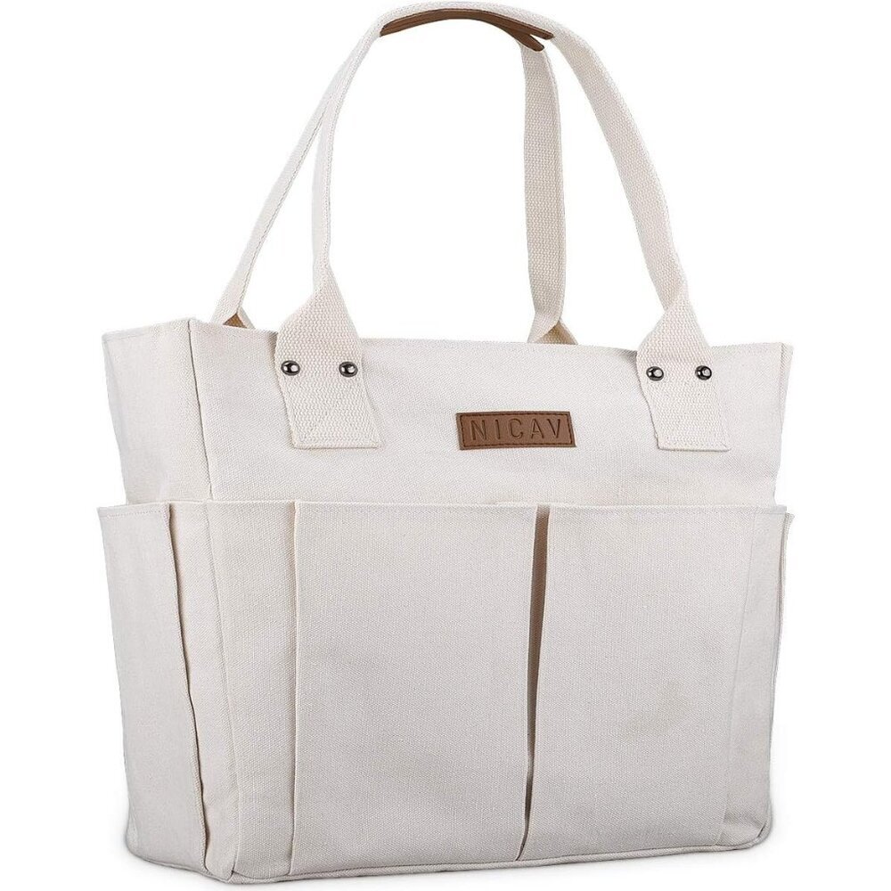 Women White Lattice Premium Large Utility Canvas Tote Bags with Pockets Zip Top